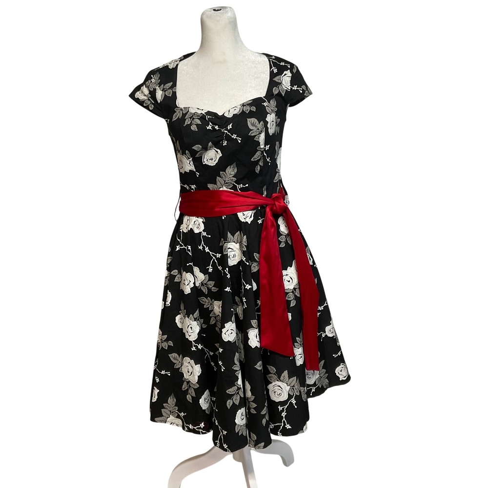 HELL BUNNY VIXEN black white floral dress rockabilly rose sweetheart red 50's S